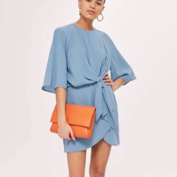NWT TopShop Blue Flared Sleeve Faux Knot Mini Dress Size 10 - Picture 1 of 8